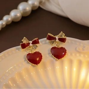 Valentine'S Day  Special Burgundy Bow Love Earrings